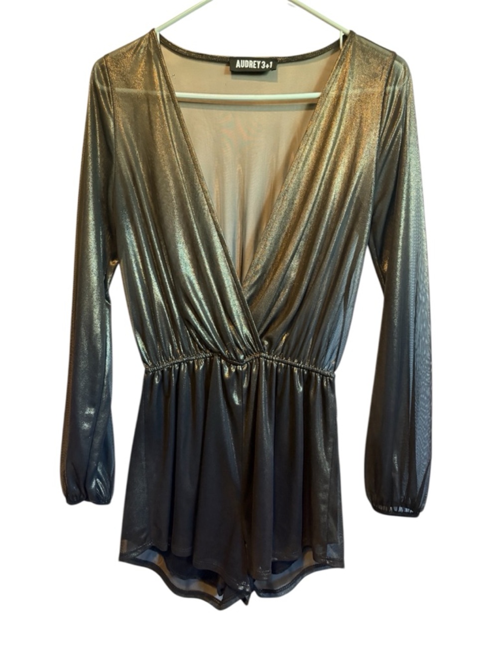Audrey 3+1 Shimmery Gunmetal Long-Sleeve Surplice Bodysuit